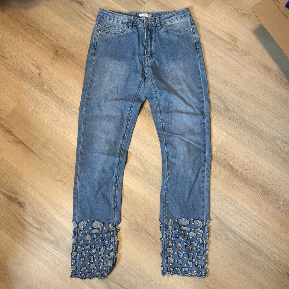 VENUS Size 2 Skinny Jeans Pearl Embellished Distressed Cutout Hem Y2K
